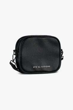 Metal Logo Faux Leather Shoulder Strap Bag Black