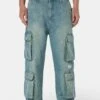 Romain Wide Denim Cargo Pants Washed Vintage Blue