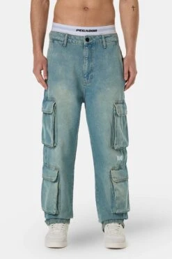 Romain Wide Denim Cargo Pants Washed Vintage Blue