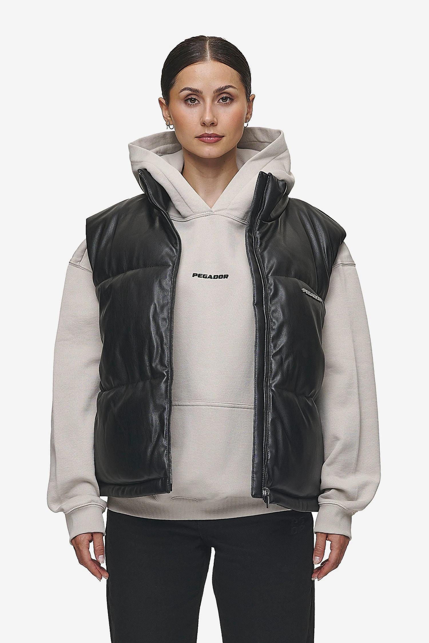 Priory Faux Leather Puffer Vest Metal Logo Black 1 Priory Faux Leather Puffer Vest Metal Logo Black